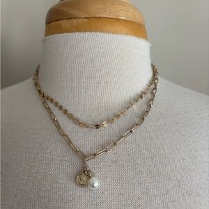J.Crew Elegant Gold Layered Necklace with Pearl Pendant
